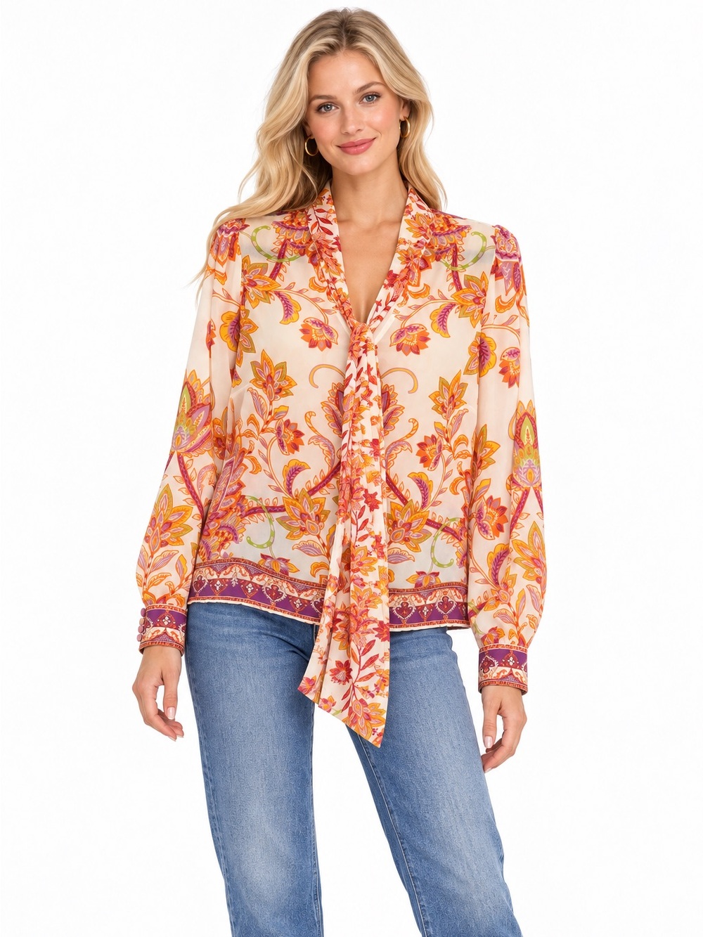 Flying Tomato Size Large Floral Paisley Tie-Neck Blouse - Peach Multi